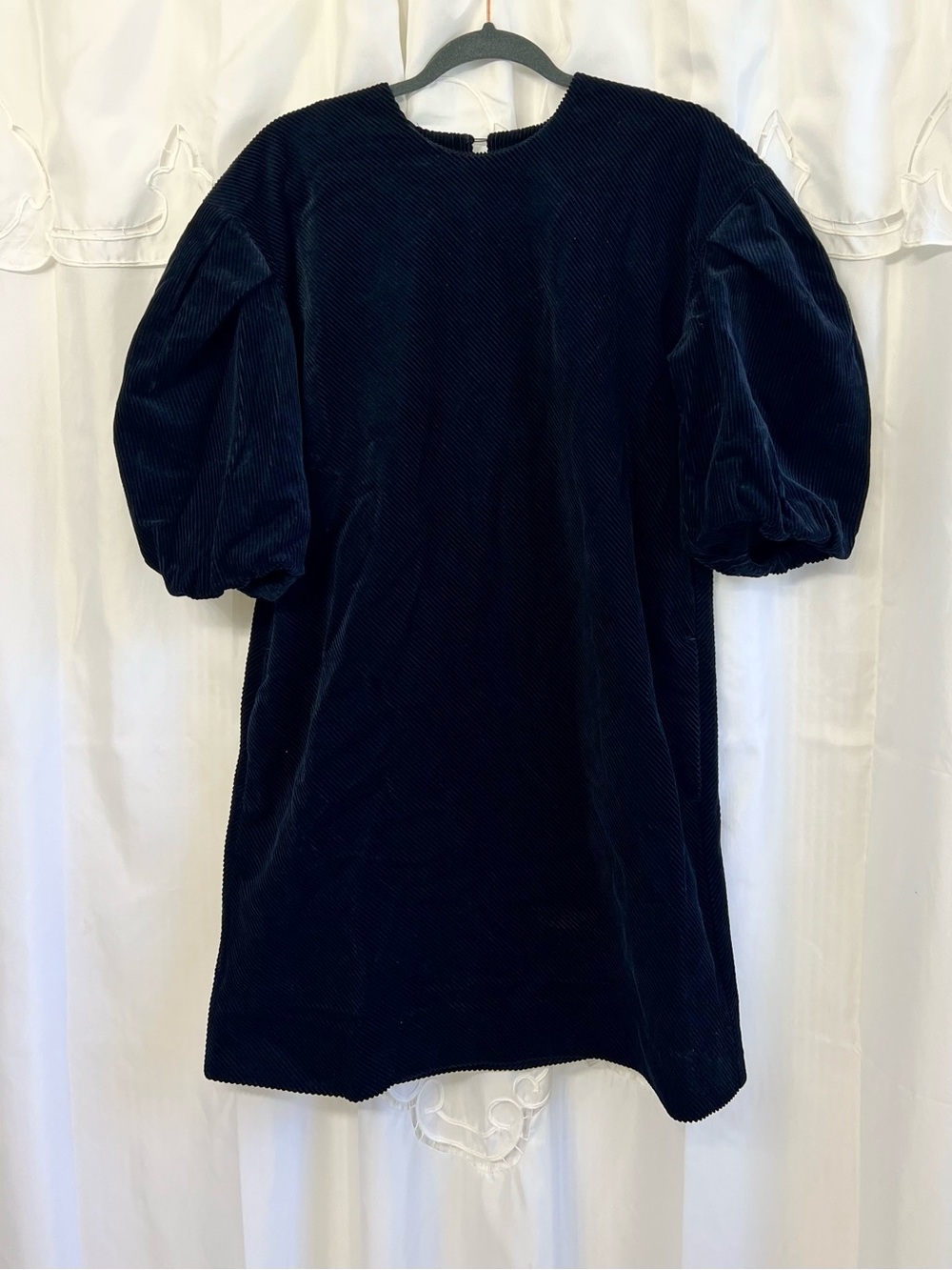 Ann Mashburn Navy Corduroy Puff Sleeve Mini Shift Dress Small